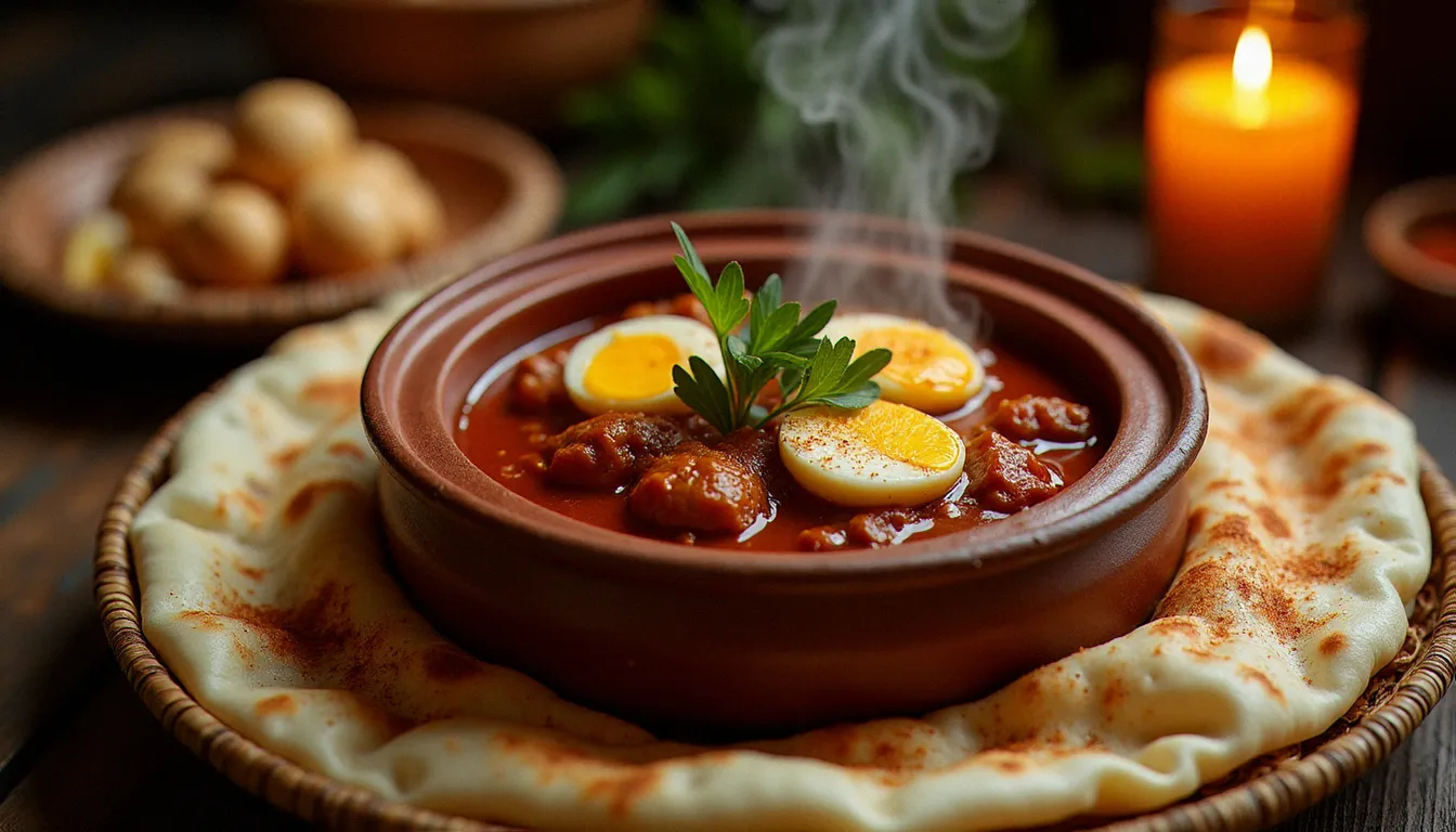 Marmite de doro wat éthiopien rouge profond avec œufs durs entiers, servi sur injera dans un panier mesob tressé traditionnel, plat emblématique de la recette doro wat éthiopien