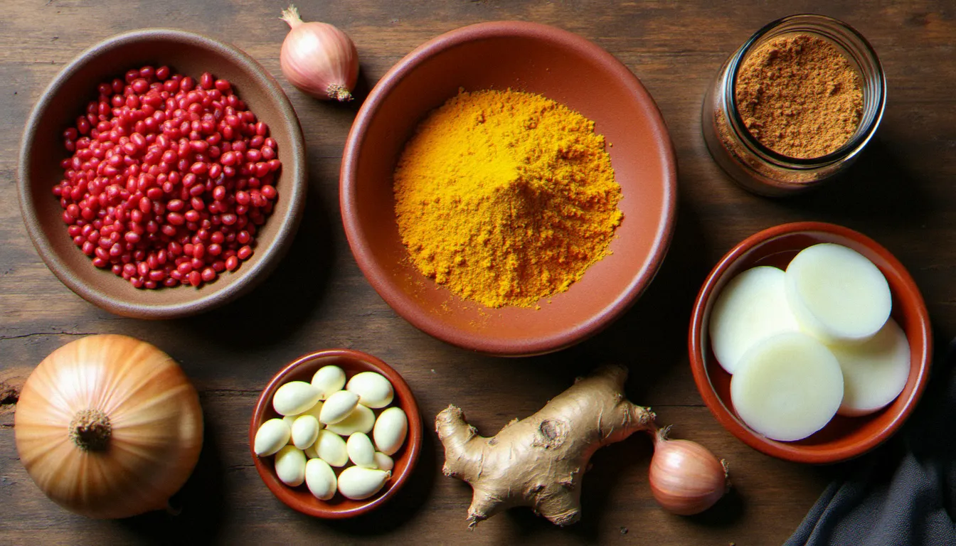Ingrédients du Misir Wat disposés sur une surface en bois : lentilles corail, berbéré, niter kibbeh, ail, gingembre et oignons, les composants essentiels de la recette de lentilles éthiopiennes