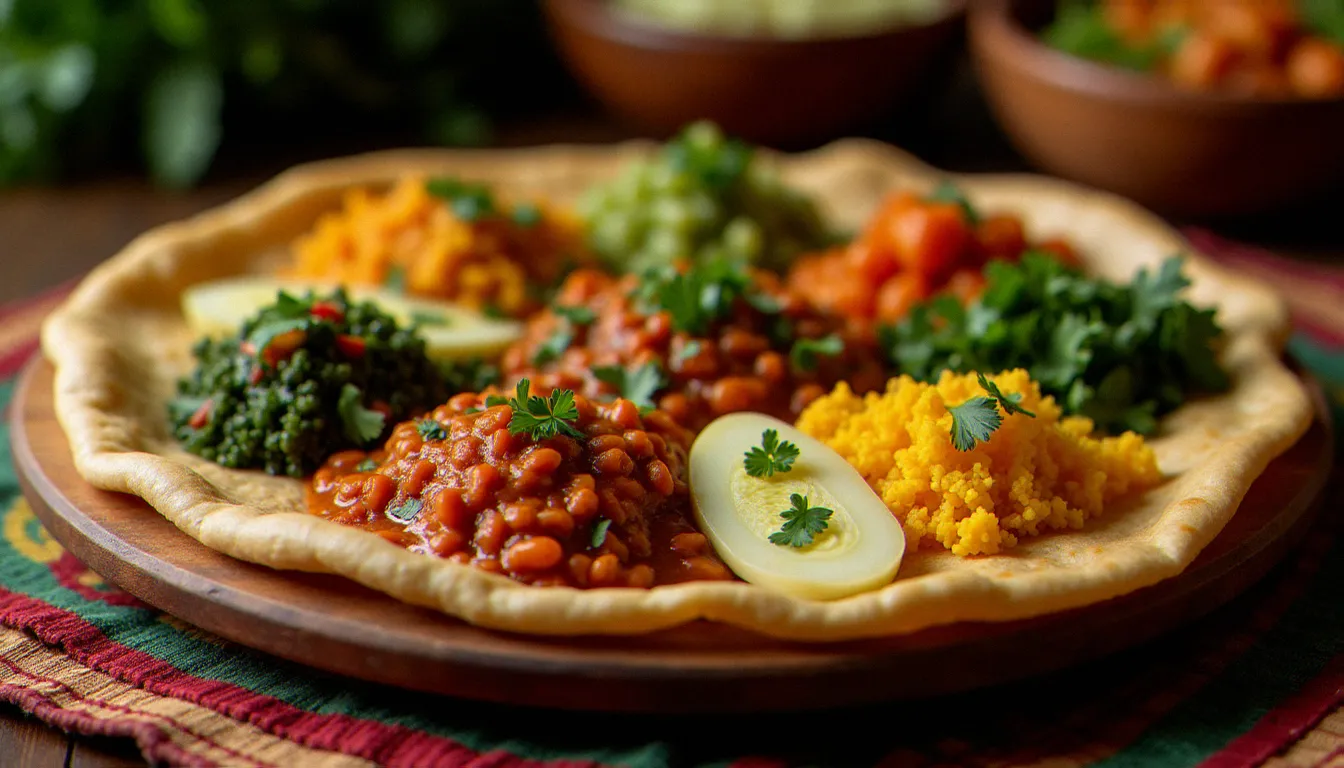 Repas éthiopien traditionnel beyaynetu servi sur une grande injera ronde avec Misir Wat et autres wats, présentation de la façon authentique de servir les lentilles éthiopiennes en famille