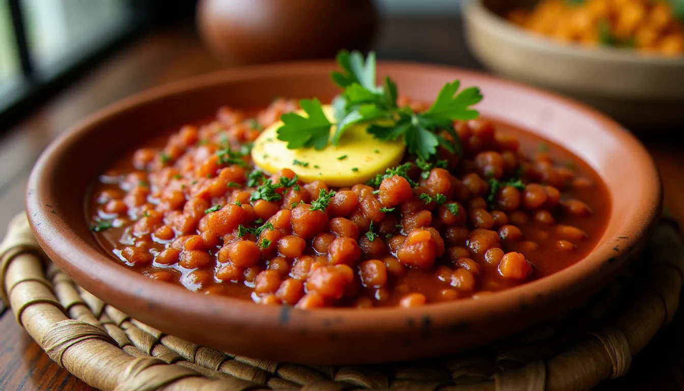 Misir Wat, ragoût de lentilles éthiopiennes au berbéré, servi dans un plat traditionnel posé sur un mesob en osier, plat emblématique de la recette misir wat lentilles éthiopiennes