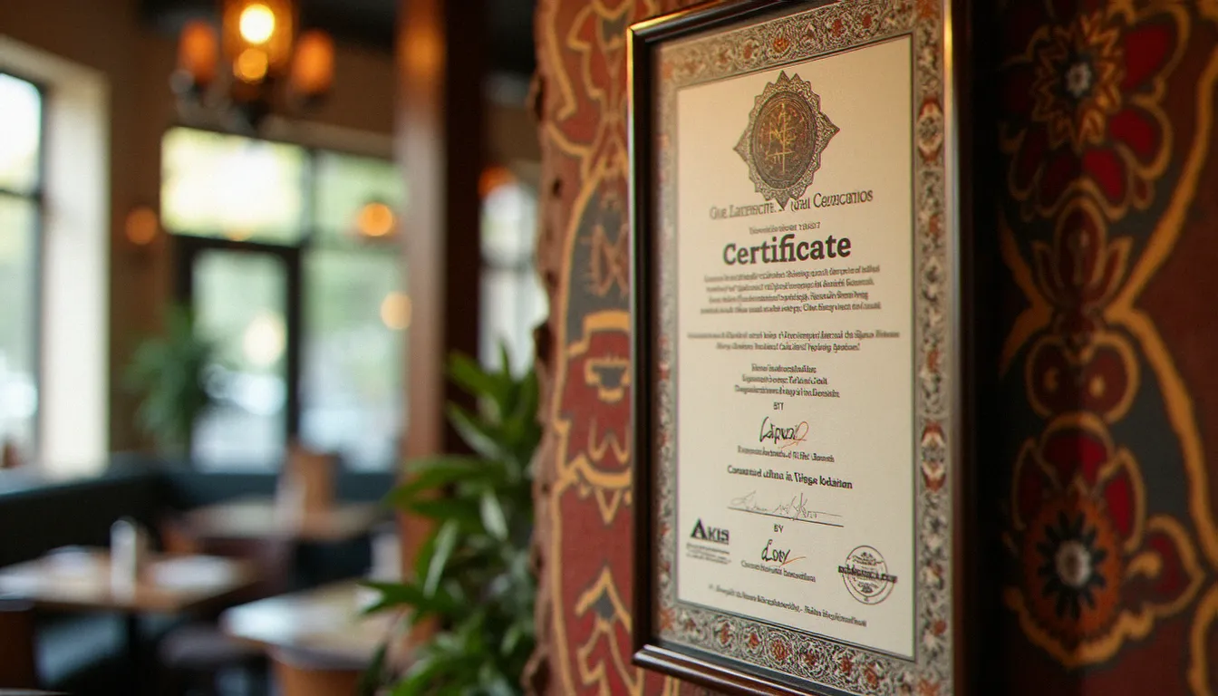 Certificat halal affiché dans un restaurant éthiopien à Paris, garantissant la conformité des viandes et préparations aux règles alimentaires islamiques