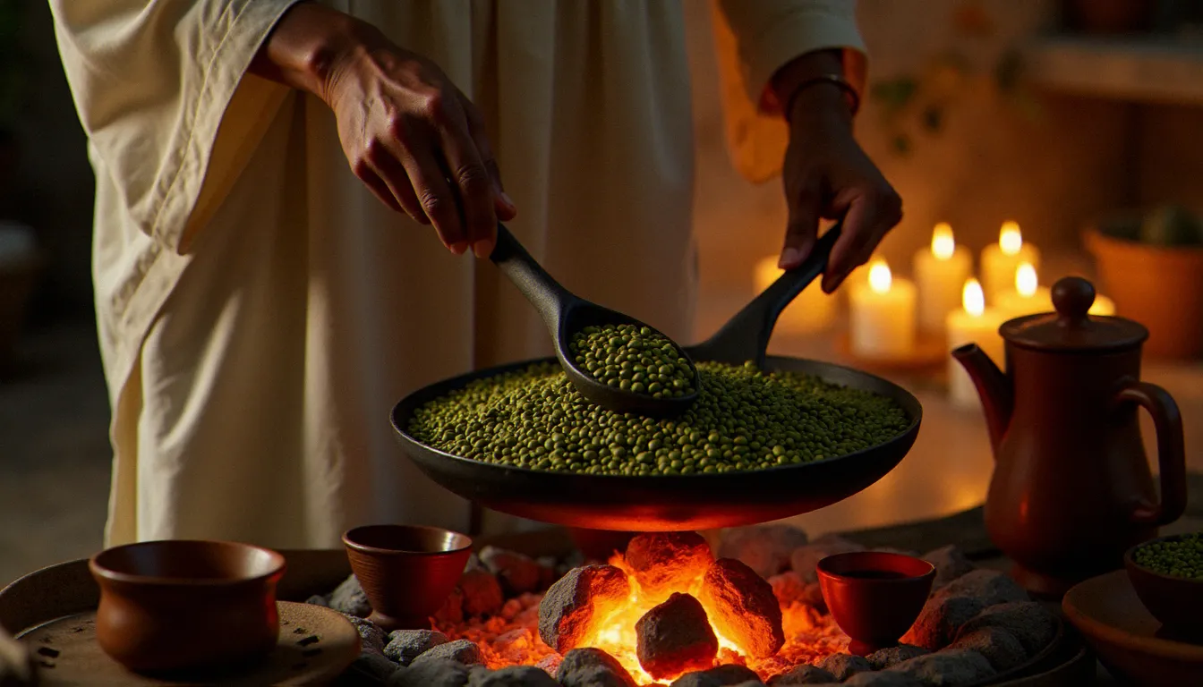 Cérémonie du café éthiopienne avec torréfaction des grains à la main et service dans une jebena en terre cuite, ambiance chaleureuse typique d'un restaurant éthiopien authentique à Paris