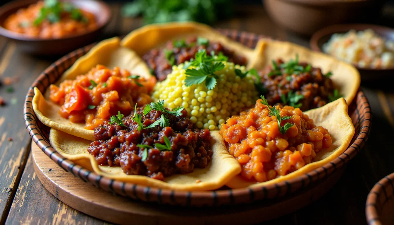 Grand plateau éthiopien traditionnel servi sur injera avec plusieurs ragoûts dont le doro wat et le misir wat, dans un restaurant éthiopien halal à Paris