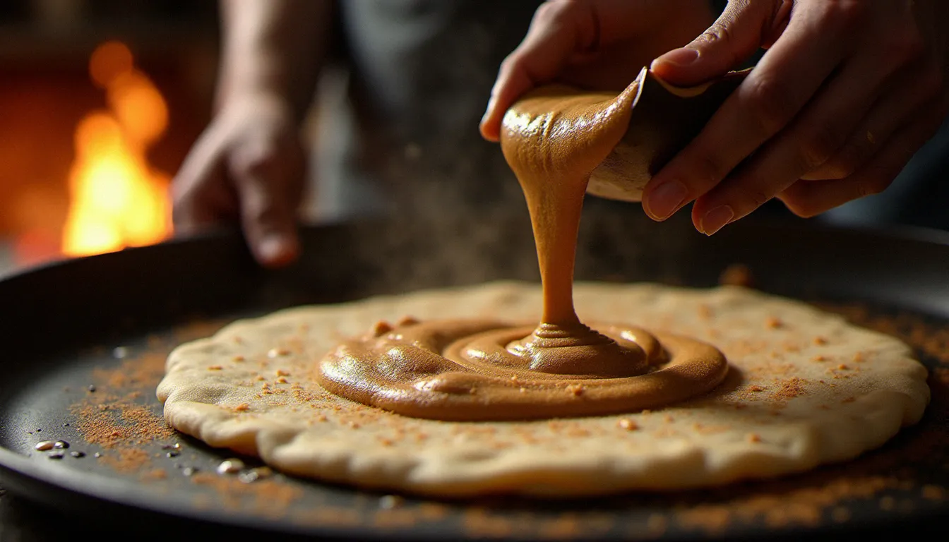 Cuisson de l'injera au teff sur une mitad traditionnelle, étape clé de la fabrication du pain éthiopien naturellement sans gluten