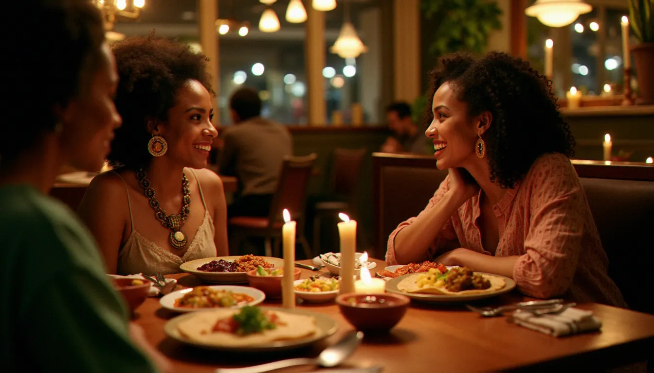 Deux amies partageant un repas éthiopien traditionnel dans un restaurant à Paris, autour d'un plateau d'injera et de wots sans gluten