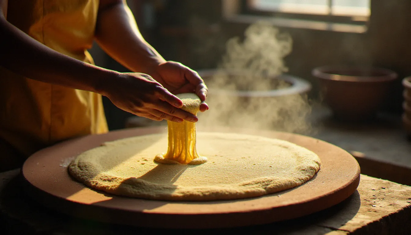 Préparation artisanale de l'injera éthiopienne sur un mitad traditionnel, la pâte de teff fermentée est versée sur la plaque chaude dans une cuisine africaine