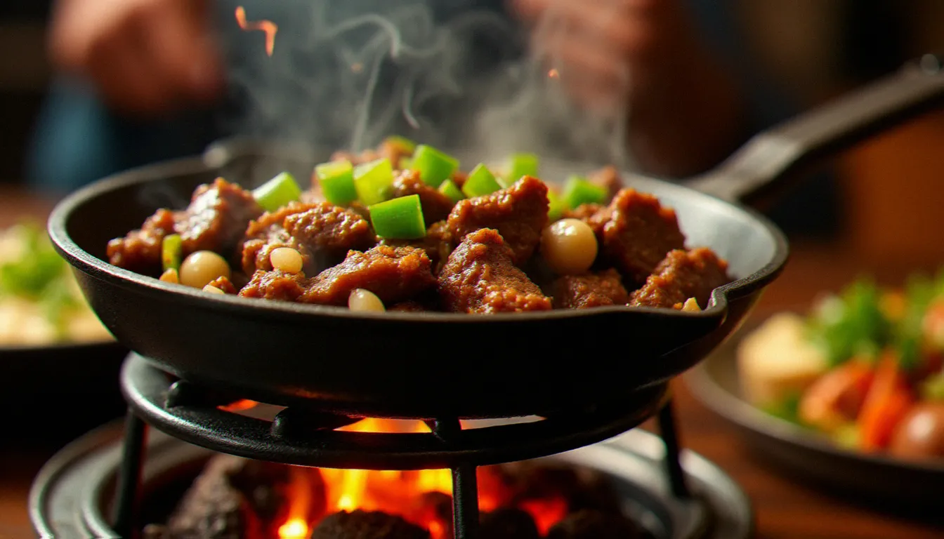 Tibs éthiopiens servis en poêle braisée grésillante, morceaux de bœuf sautés avec oignons et poivrons verts dans un restaurant éthiopien traditionnel