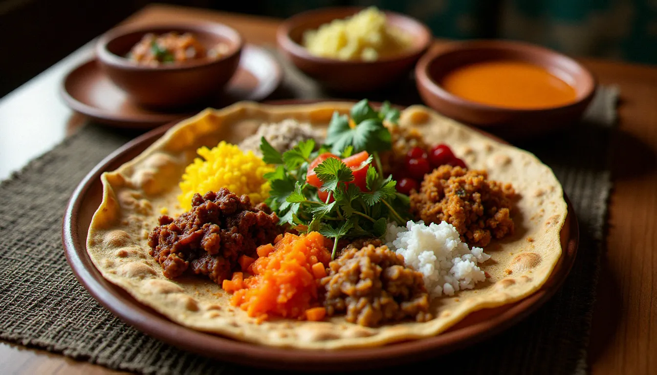 Plateau traditionnel éthiopien avec injera et spécialités éthiopiennes à découvrir, dont doro wat, misir wat et tibs, disposés sur un mesob en osier tressé