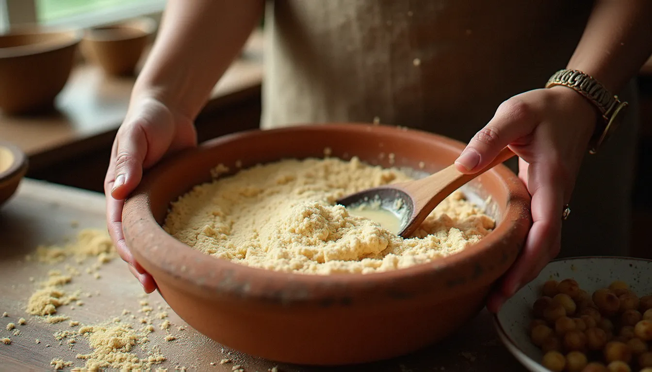 Préparation de la pâte à injera avec de la farine de teff dans un bol en argile