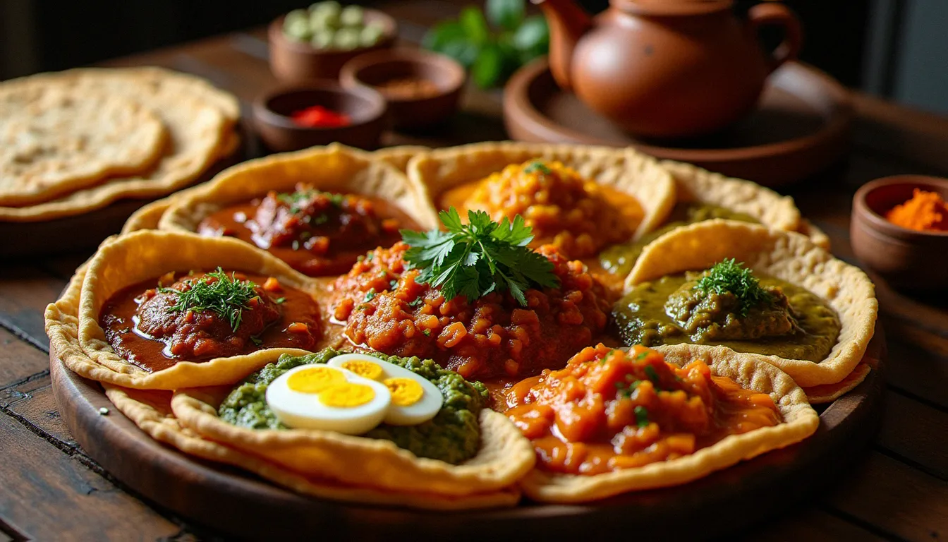 Repas traditionnel éthiopien avec injera et plats épicés variés sur table en bois