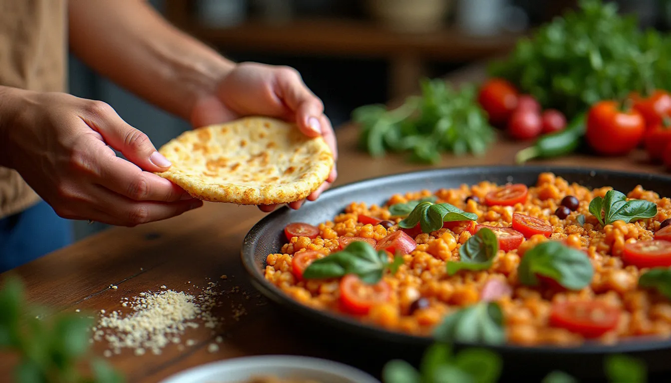 Préparation culinaire montrant injera éthiopien et ingrédients de paella espagnole