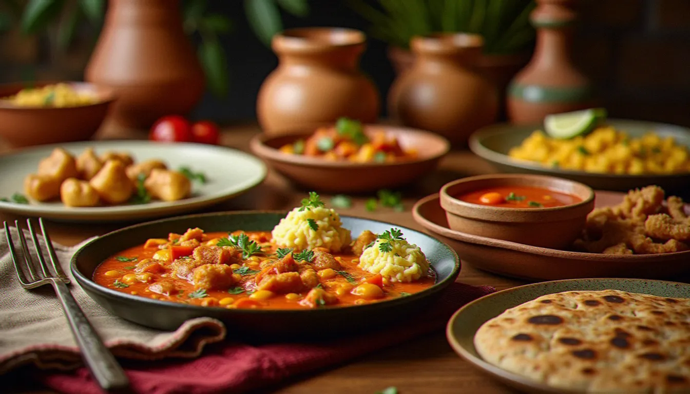 Table partagée avec plats espagnols et éthiopiens, épices et vaisselle traditionnelle