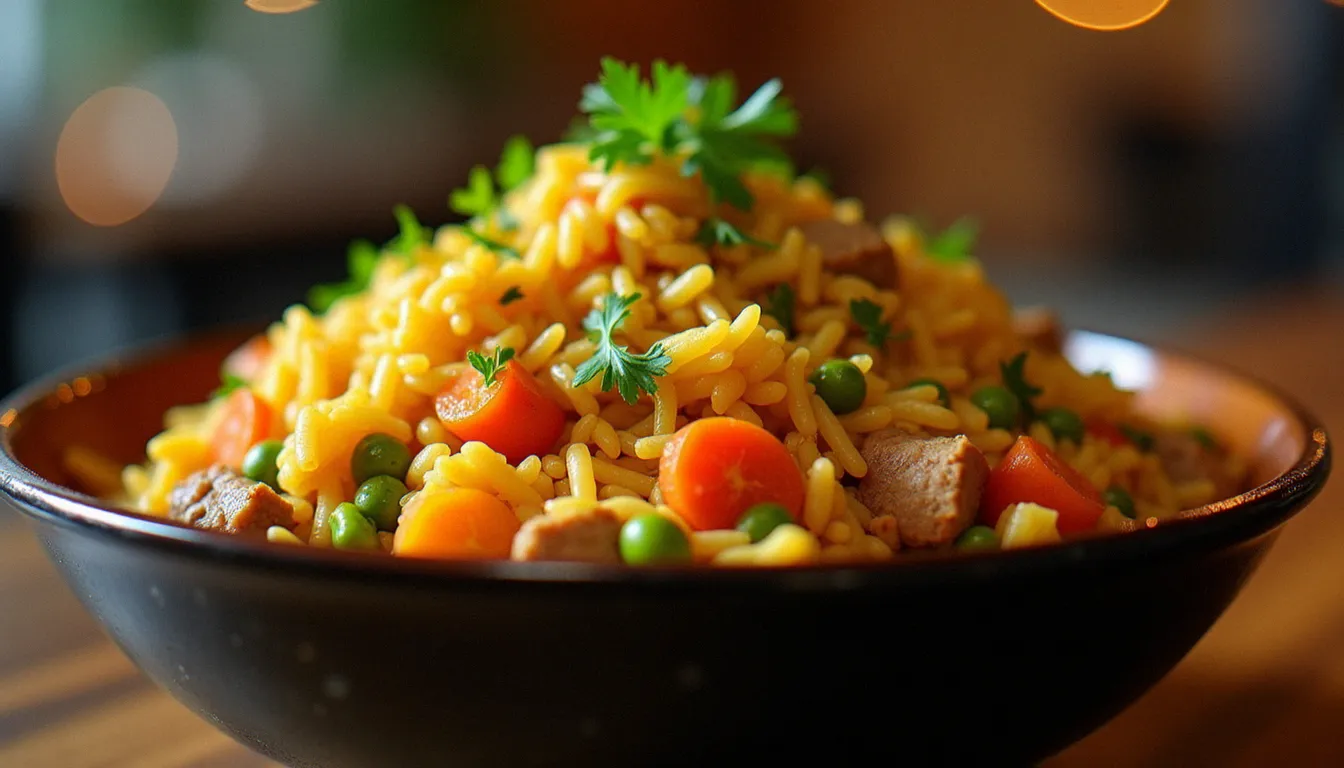 Frite ras éthiopien : riz frit aux épices avec légumes et viande