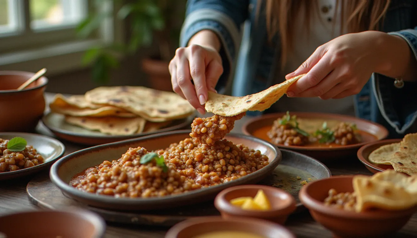 Geste du gursha lors d'un repas éthiopien partagé autour d'un grand plateau d'injera