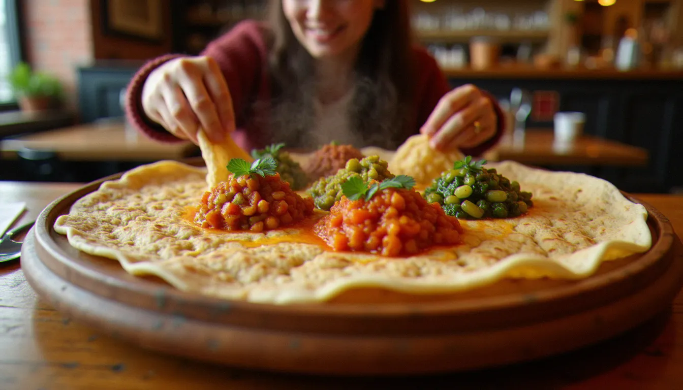 Plateau d'injera garni de ragoûts éthiopiens traditionnels illustrant l'authenticité def en cuisine