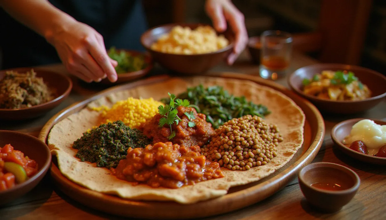 Plateau de cuisine éthiopienne servi sur une grande injera, illustrant la définition d'une cuisine authentique