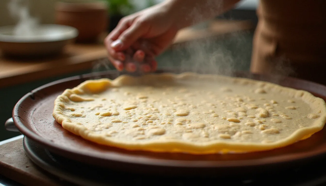 Cuisson d'une galette d'injera de teff sur une plaque mitad, étape clé de la cuisine éthiopienne traditionnelle