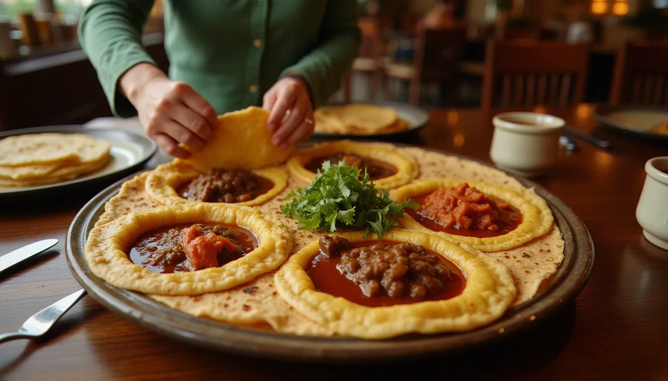 Plateau d'injera garni de ragoûts éthiopiens, illustrant la définition authentique de la cuisine éthiopienne