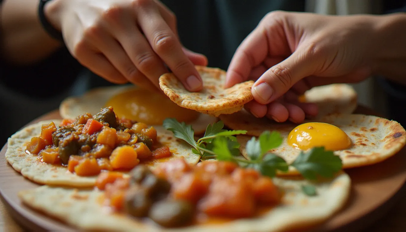 Geste du gursha, bouchée offerte à la main lors d'un repas éthiopien partagé