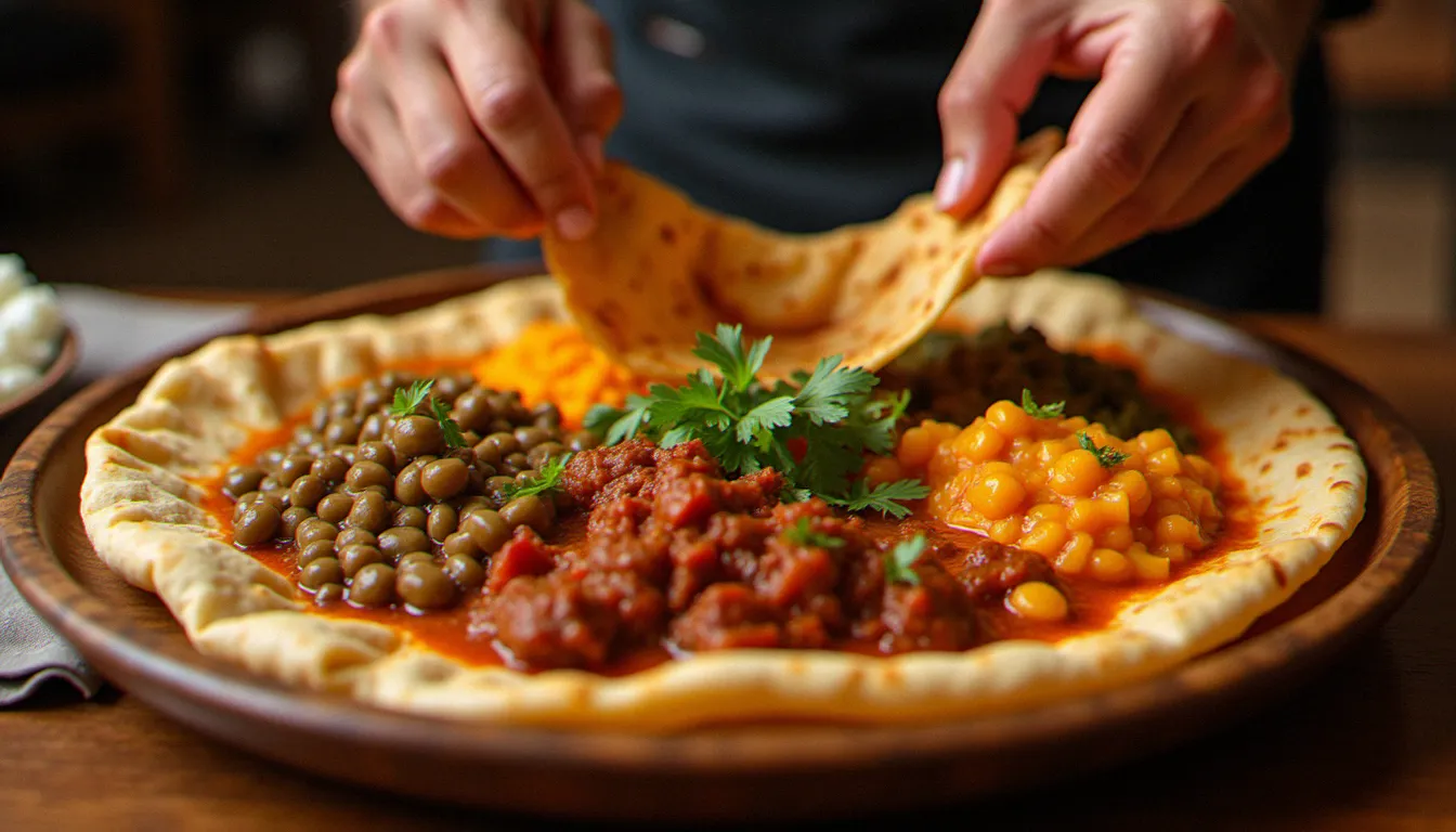 Plateau éthiopien à partager sur une injera, illustrant l'authenticité synonyme de vérité et de fidélité en cuisine