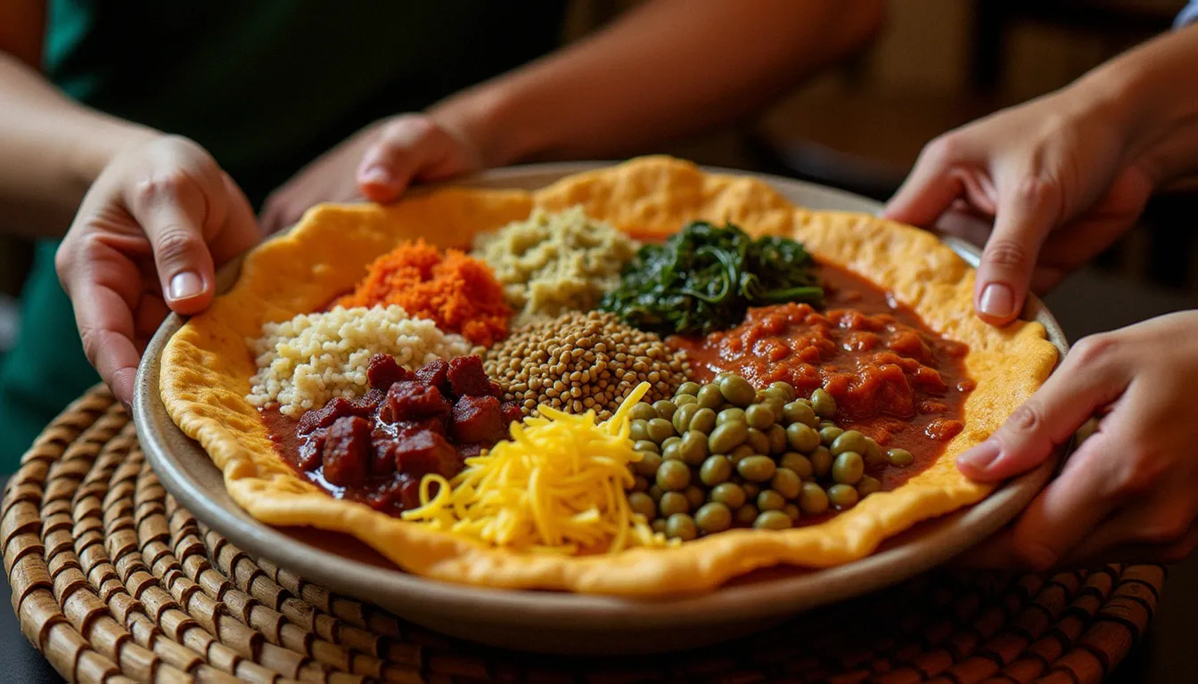 Plateau d'injera garni de plats éthiopiens colorés dans un rest authentique