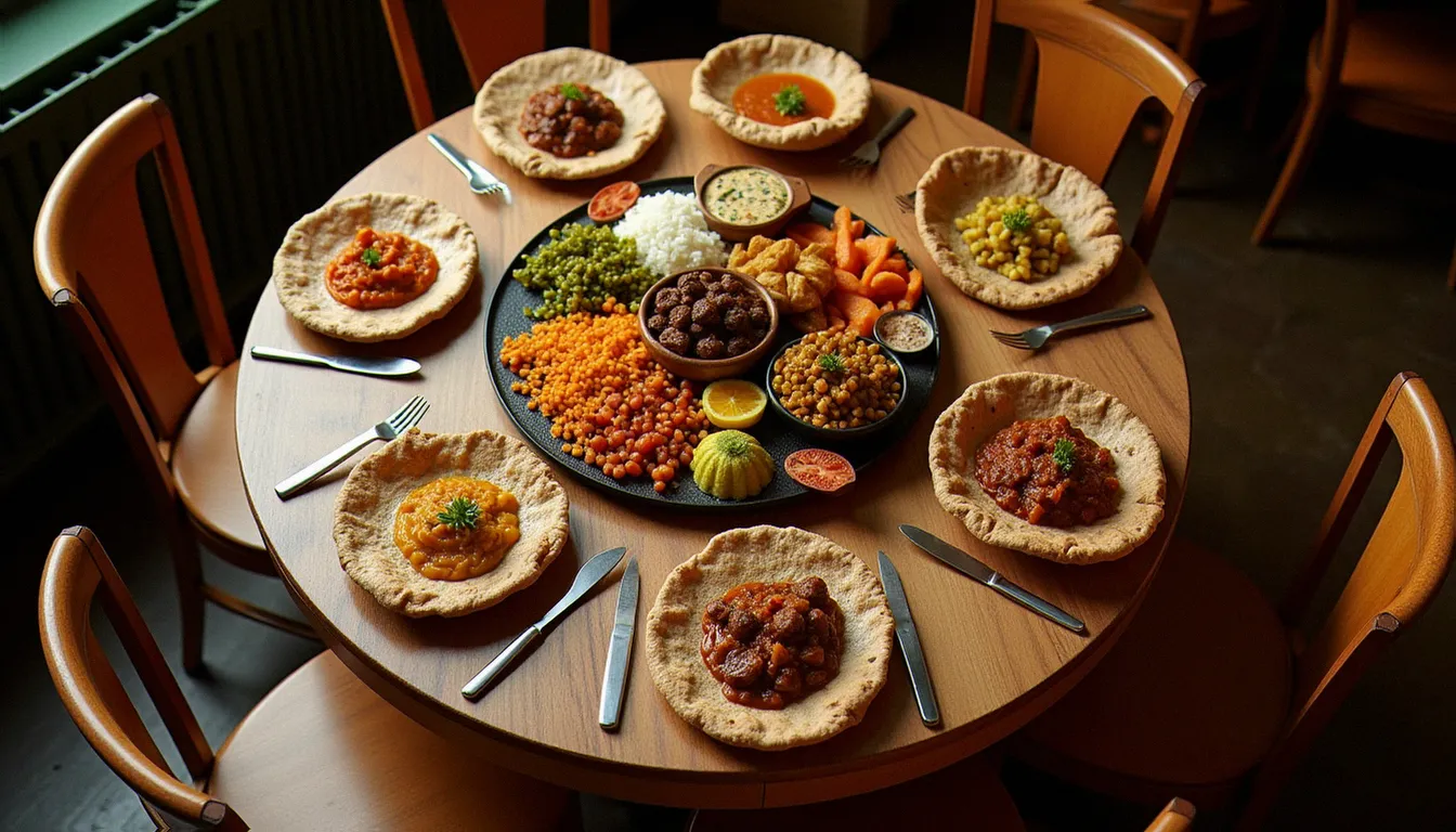 Table de restaurant Ethiopia paris avec plateau traditionnel de cuisine éthiopienne servie sur injera