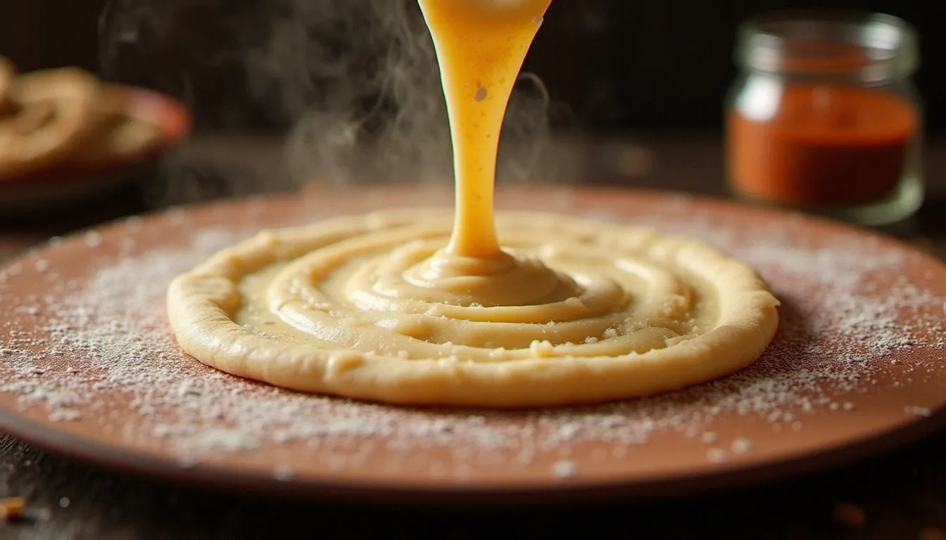 Pâte de teff versée en spirale sur une plaque chaude pour cuire un injera, avec un pot de berbéré à proximité