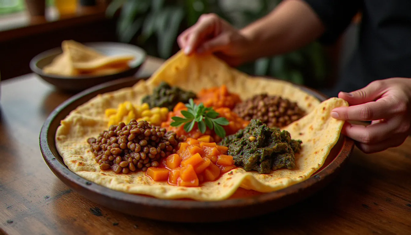 Plateau d'injera garni de ragoûts éthiopiens colorés, illustrant un synonyme authentique de la cuisine traditionnelle d'Éthiopie