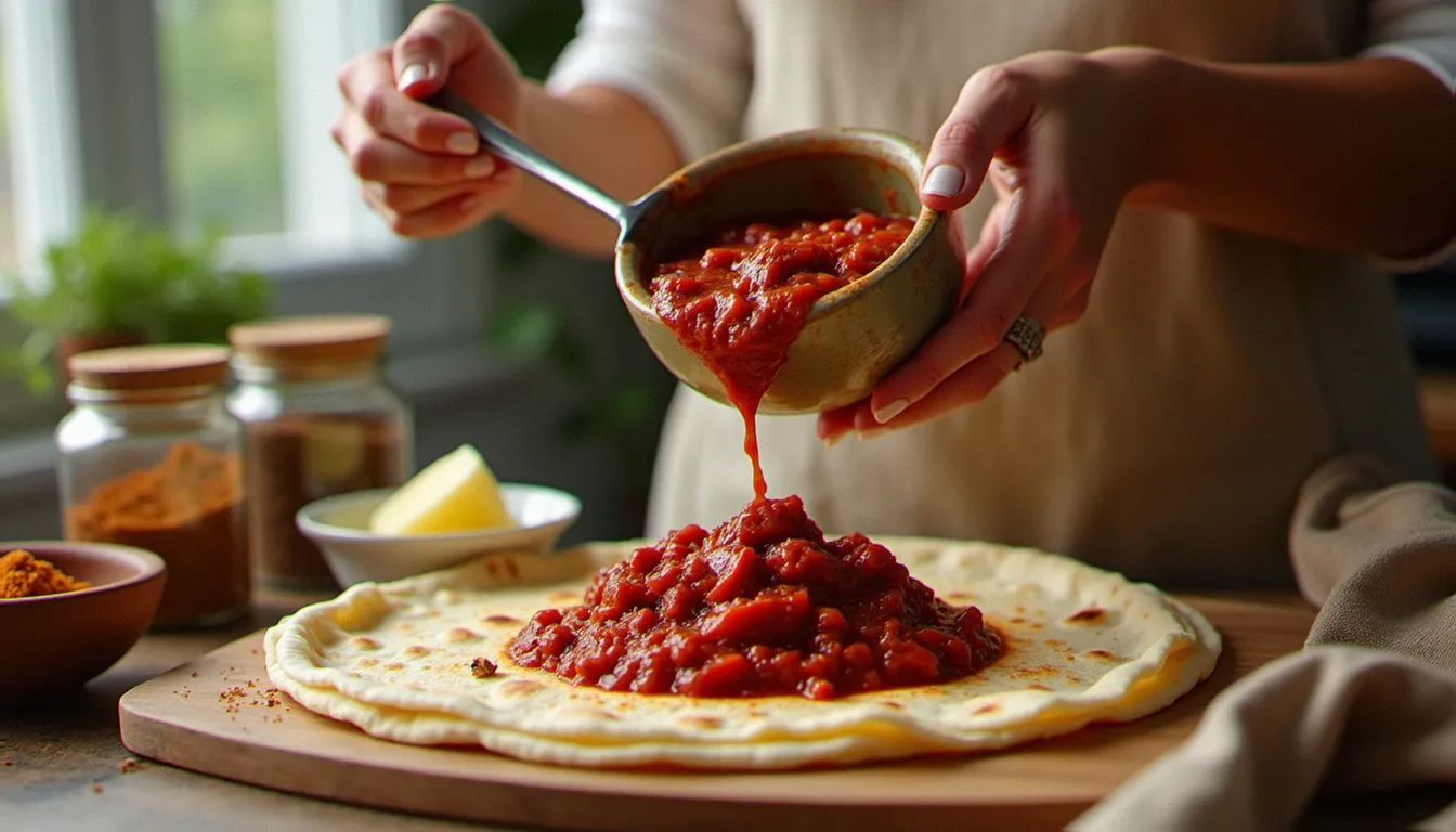 Mains versant un ragoût au berbéré sur une galette d'injera, entourées d'épices