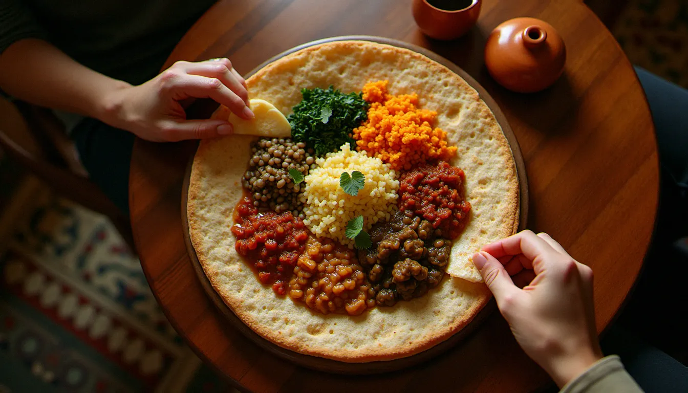 Plateau d'injera garni de ragoûts éthiopiens colorés, illustrant un synonyme d'authenticité en cuisine